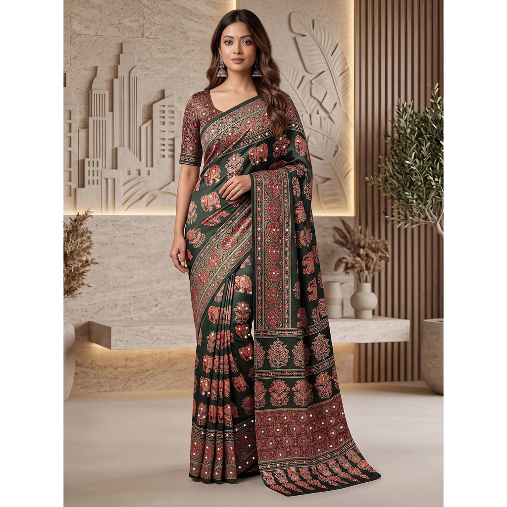 Premium Crap Silk Digital Ajrak Print Saree