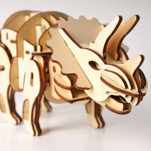 Tsukurundesu® Battery-Operated 3D Wooden Puzzle Dinosaur Series (D400 Triceratops) with Japanese Instructions