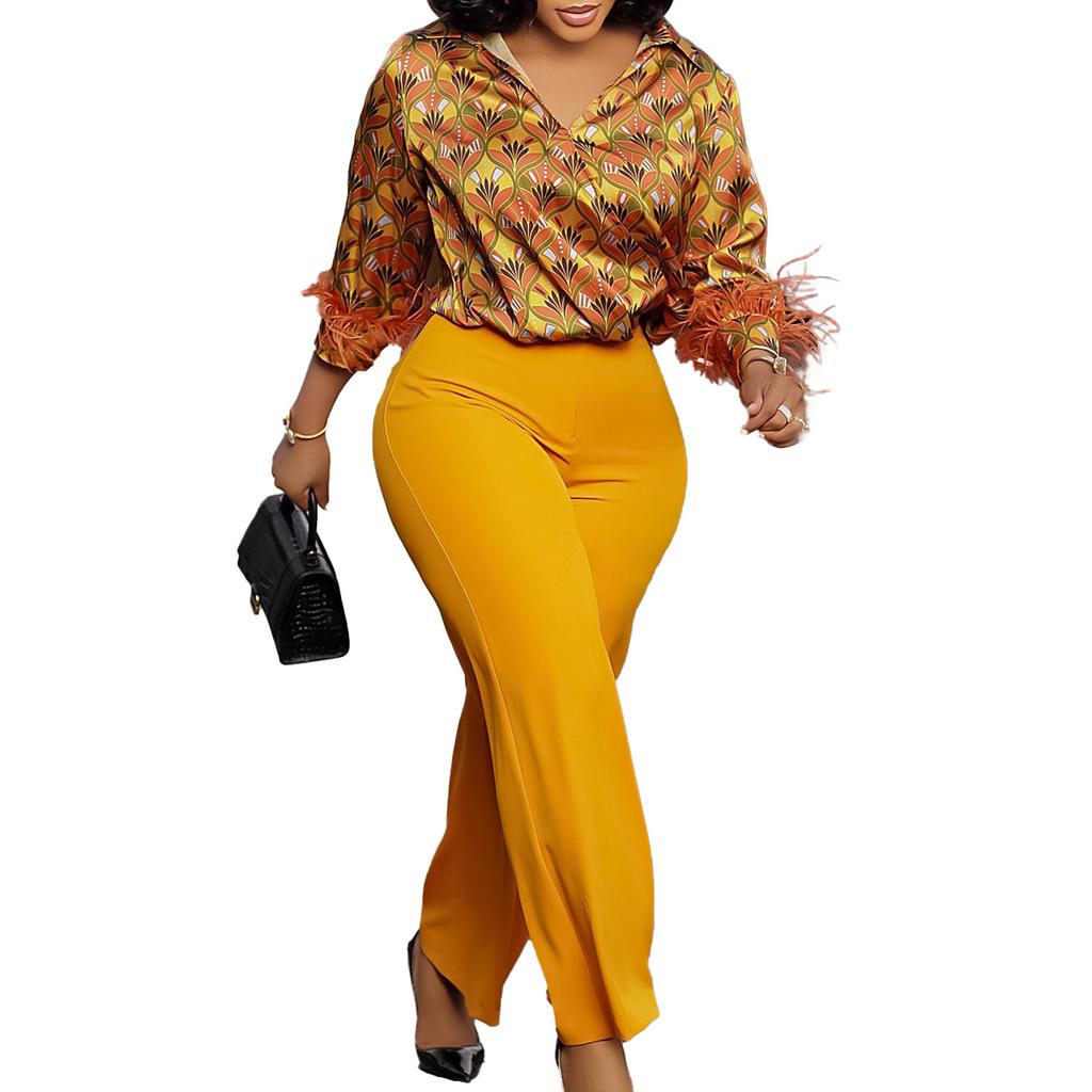 Women's Plus Size Printed Long Sleeved Shirt Temperament Elegant Wide Leg Pants Fashion Suit