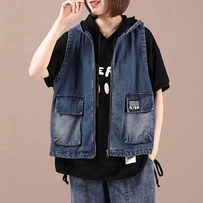 Plus Size Denim Vest Female Hooded Women and Fall Loose Zipper Cardigan Vest Jacket Sleeveless Jacket Female
