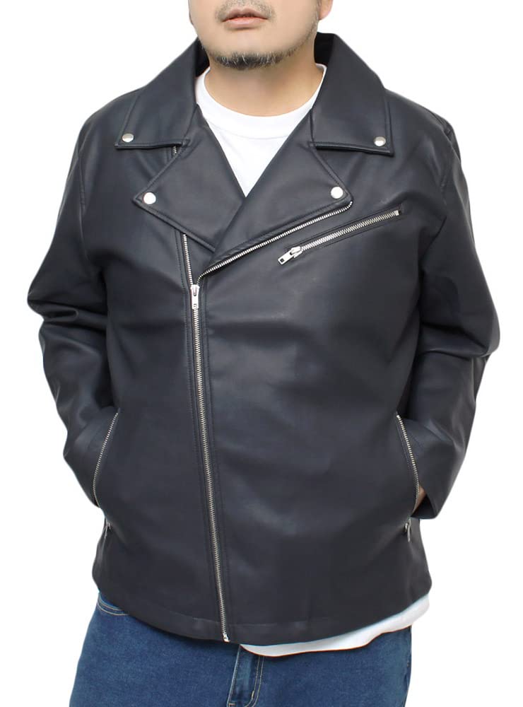 

One Colors Men s Leather Jacket, Plus Size, PU Leather, Double-Breasted, Rider s Jacket, Navy, Size 5L