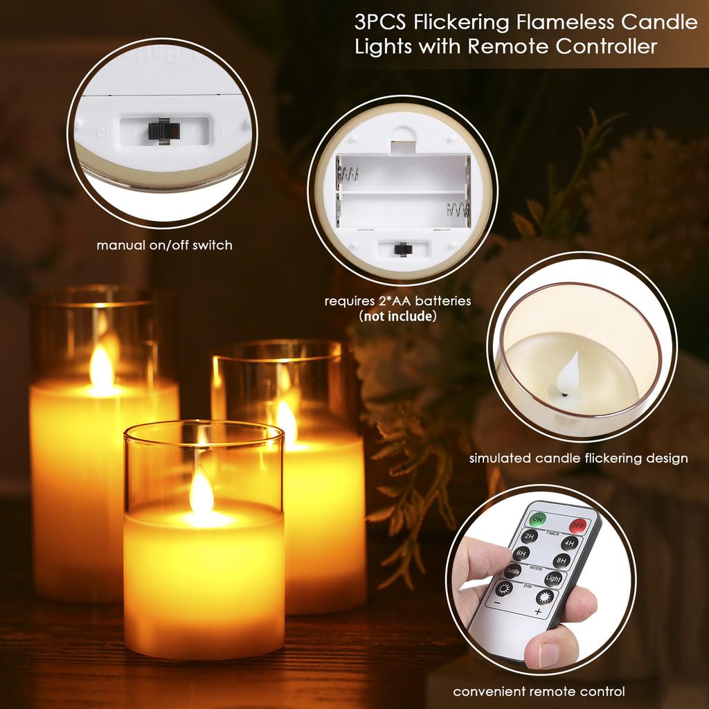 Flickering Flameless Candle Lights with Remote Controller 3pcs Batterys Operated Realistic LEDs Candles Warm Lighting Candle Lights with 2 Lighting