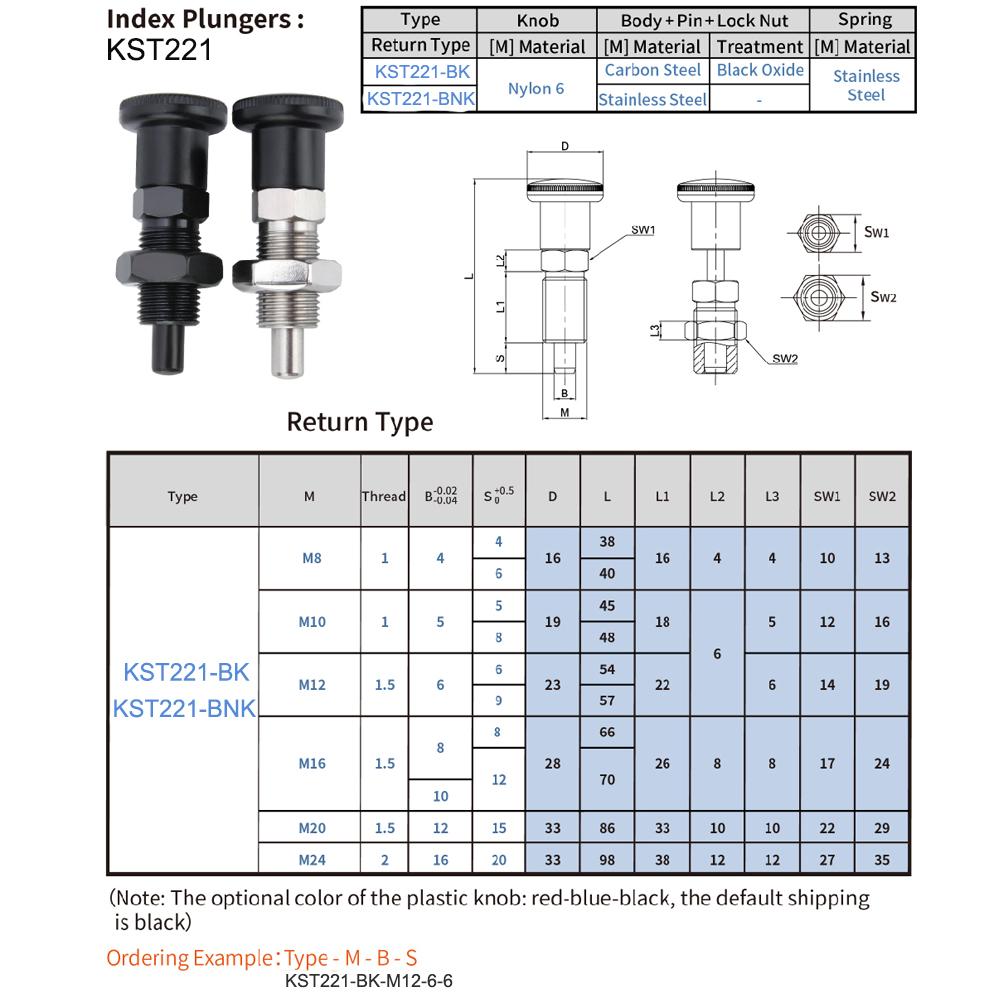 M8 M10 M12 M16 M20 M24 Fine Thread Black Self Locking Index Bolts Plastic Knob Stainless Steel Indexing Plunger With Nut
