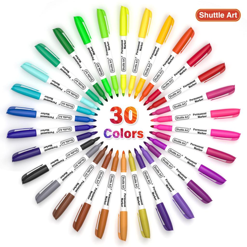 Shuttle Art Marker 30 Fine for Name Poster Notebooks Oil-Based Set, Colors, Tip, Quick-Drying, Water-Resistant, Kids, Coloring, Marking, Writing,