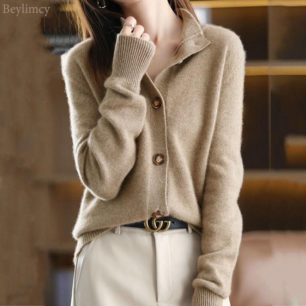 Beylimcy Knit Bey56 Women's Cardigan, Slimming, Stylish, Warm, Fluffy, Simple, Autumn/Winter Top, (JP, Alphabet, L, Beige)