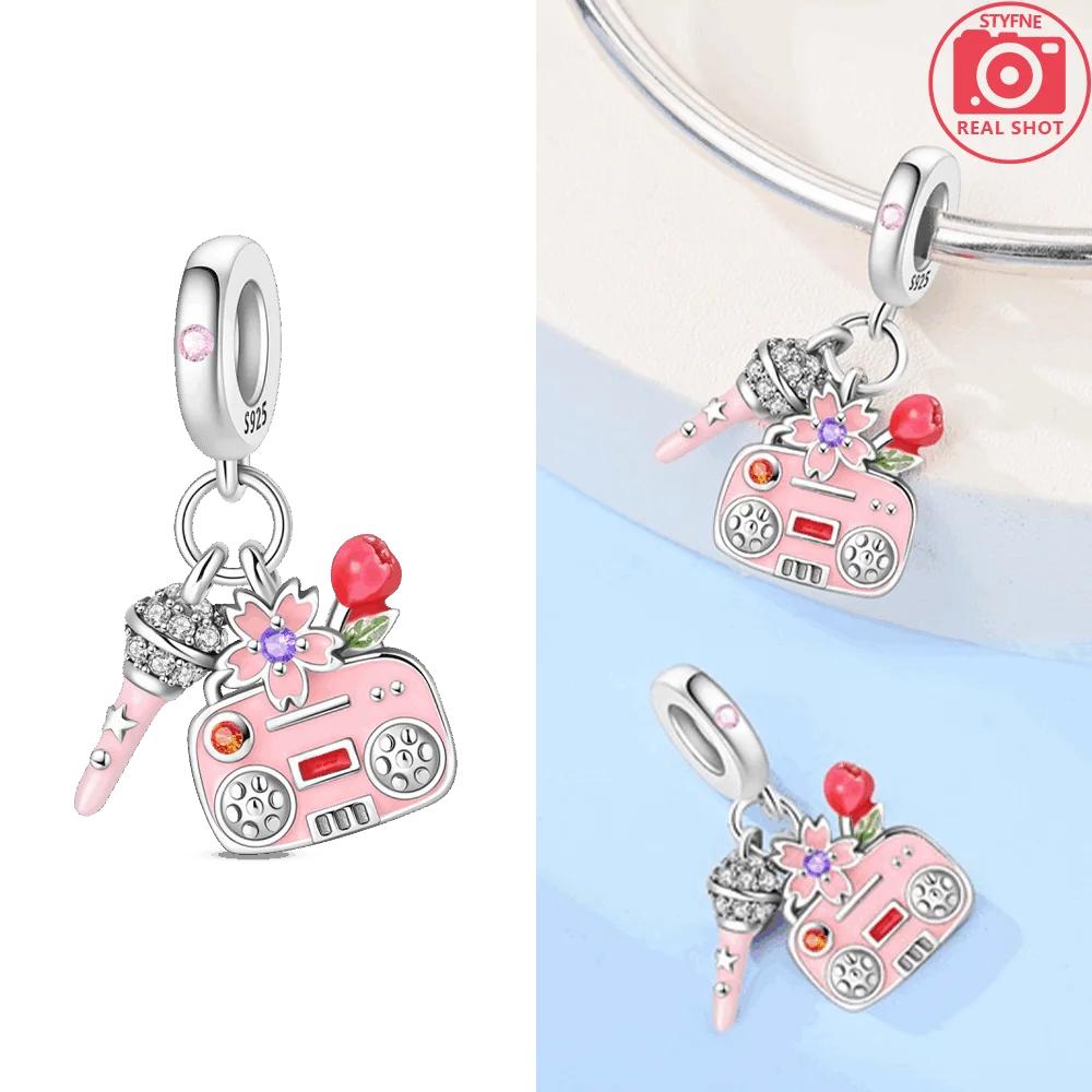 Original Copper Butterfly Clover Pendant Pink Flowers Bead Fit Bracelet Women Jewelry Diy Anniversary Fine Gift