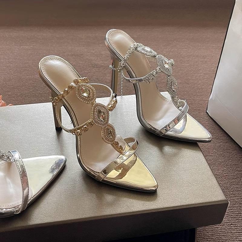 Fashion High Heel Temperament Sandals Summer New Pointy Head Shallow Mouth Sequin Buckle A Line with Anti-slip Wear-resistant High Heels