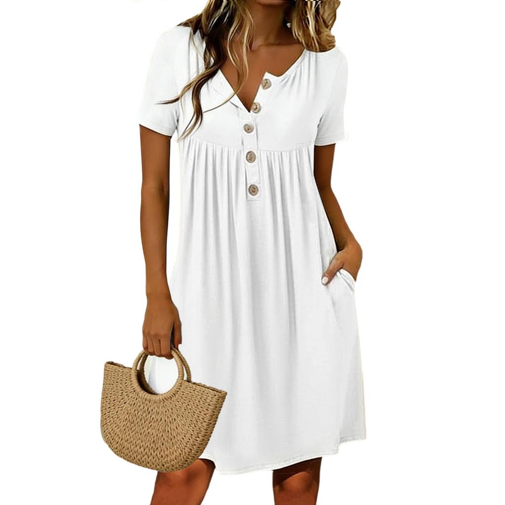 Women's Color Short Sleeved Dress With Button Collar