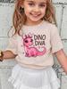 Girls' Kawaii Cartoon Dinosaur Graphic T-Shirt Cute Pink Bow Hearts Print T-Shirt Kids Short Sleeve Tee Y2k Children's Clothing
