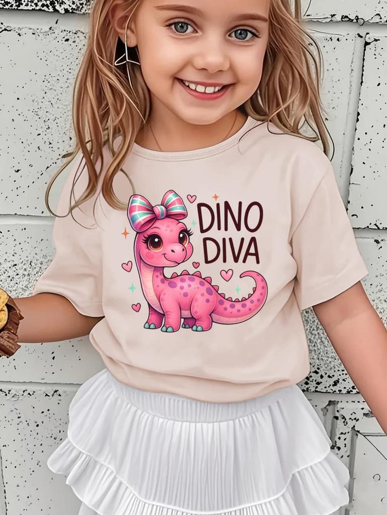 Girls' Kawaii Cartoon Dinosaur Graphic T-Shirt Cute Pink Bow Hearts Print T-Shirt Kids Short Sleeve Tee Y2k Children's Clothing