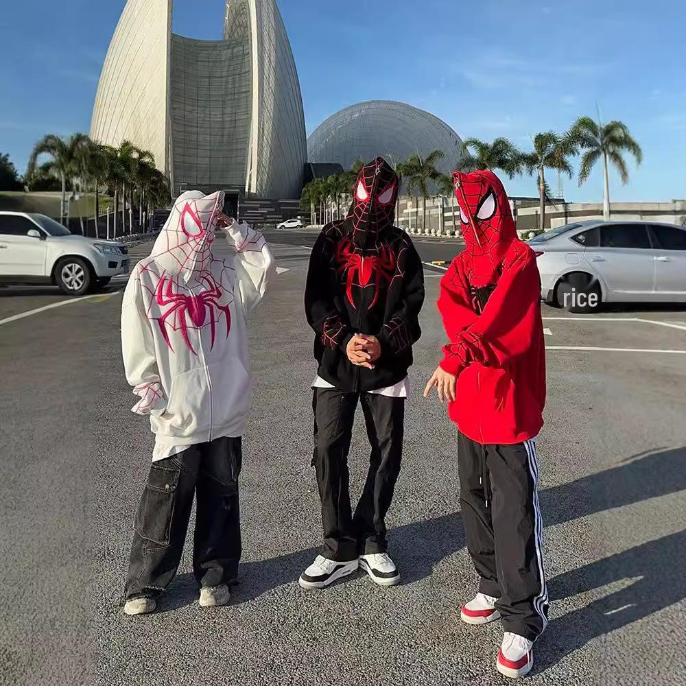 Sweat à capuche rétro tendance pour homme 2024 Spider-Man Chenille - Veste zippée d'automne