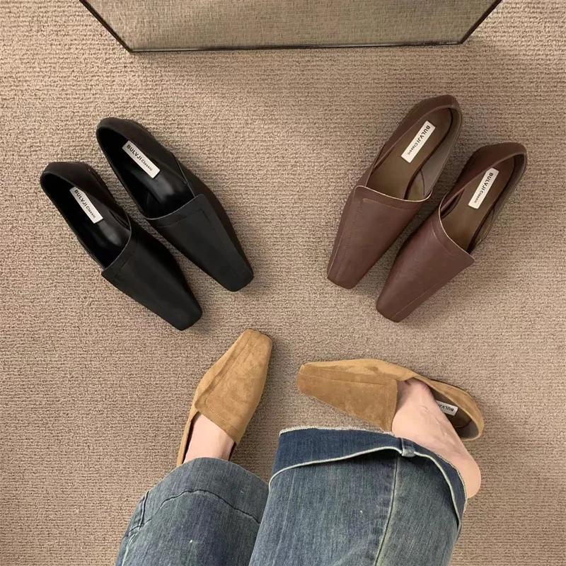 Women's Flats Sole Loafers Elegant Leather Square Toe Soft Shoes 2025 Trend New Brand Spring Walking Comfort Chaussures Femme