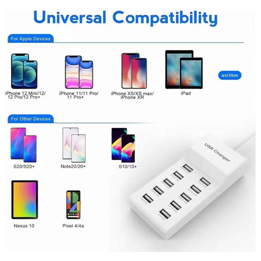 50W Multiport USB-Ladegerät Schnellladung Typ C Hub-Adapter für IPhone Samsung Xiaomi 10-Port USB-Handyladegerät Verlängerungssteckdose