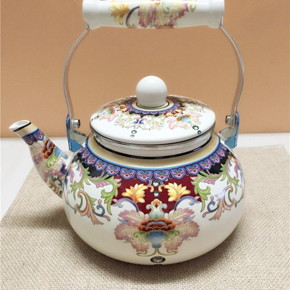 Thickened Chinese Style Enamel Teapot 2.5L Floral Enameled Tea Jug Pear-shaped Antiscald Handle Coffee Pot Gas Induction Cooker