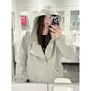 American vintage Gray Hoodie Women Winter Fleece-lined Thickened Loose Idle Style Casual Zip-up Cardigan Outerwear