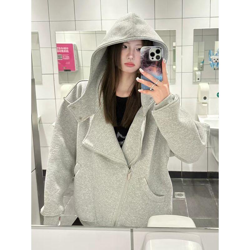 American vintage Gray Hoodie Women Winter Fleece-lined Thickened Loose Idle Style Casual Zip-up Cardigan Outerwear