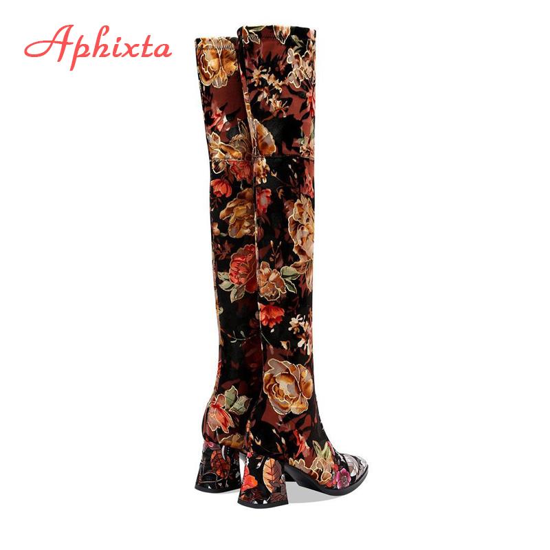 Aphixta Over the Knee Boots Embroider Flower Square Heels Shoes Women's Long Shoes Casual Pointed Toe Long Boots Women