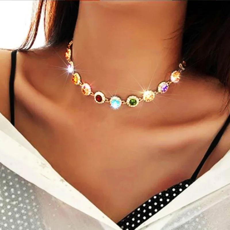 Colorful AAA Crystal Choker Necklace for Women Girls Sparkly Rhinestone Chokers Necklaces Gold Chain Party Prom Jewelry Gifts