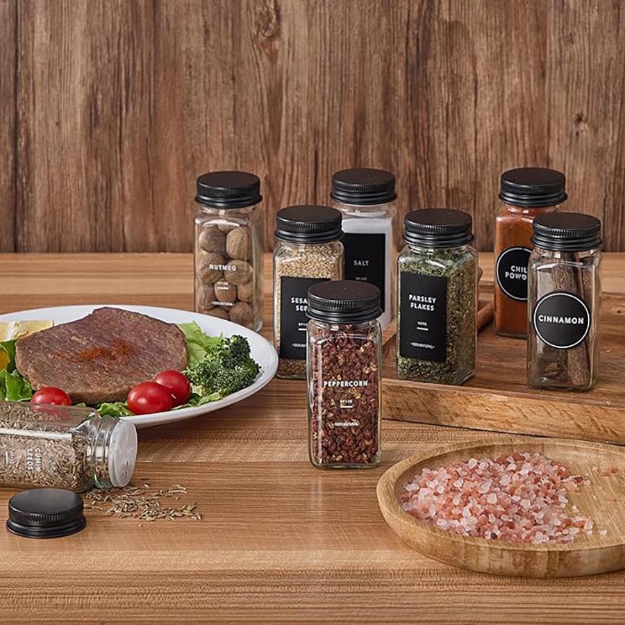24 Pcs Spice Jars with Label Glass Spice Jars with Black Metal Caps Shaker Lids Funnel 4oz Seasoning Containers Bottles