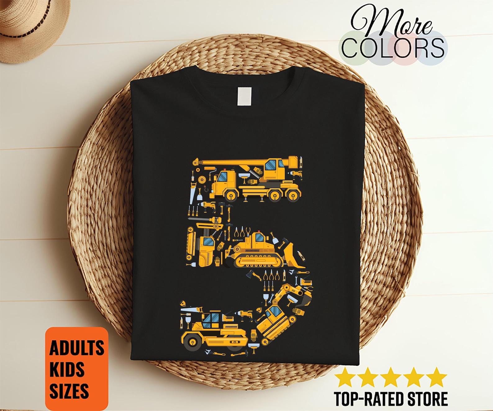 Construction Number 5 Shirt Kids Birthday Truck Excavator Bulldozer Graphic Tee Unisex Boy Girl Party Outfit Heavy Equipt Gift Unisex 140