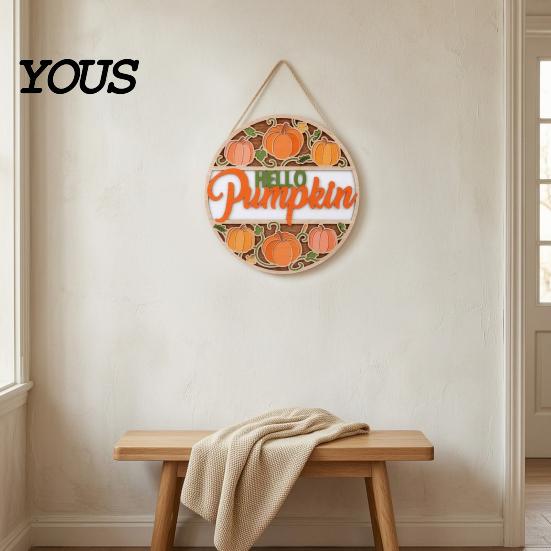 Country Style Porch Sign Autumn Harvest Wooden Wreath Pendant, Front Door Hanging Ornaments with Hemp Rope, Natural Wood Pastoral Decor Pumpkins Maple