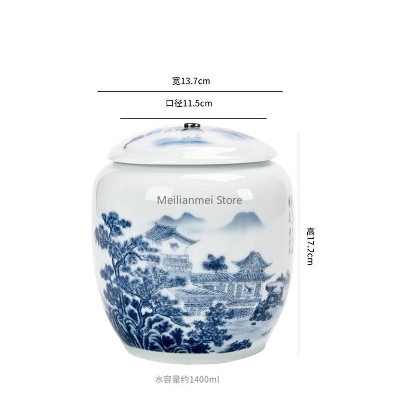Ceramic Tea Caddy Universal Sealed Multifunctional Storage Tank Mountain Water Blue and White Porcelain Tea Box Storage Jar