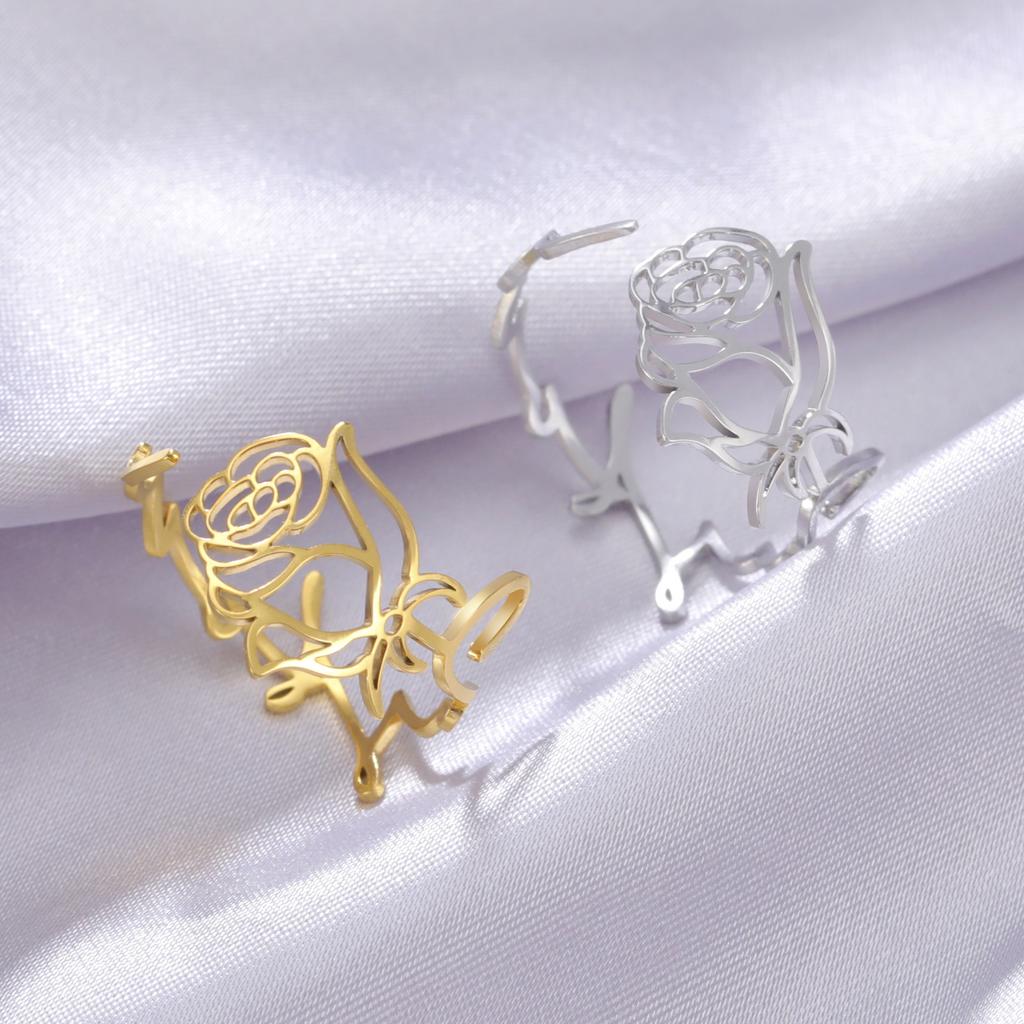 Teamer Customized Name Birth Flower Rings For Women Personalized Letter Open Ring Stainless Steel Rose Couple Rings Jewelry Gift