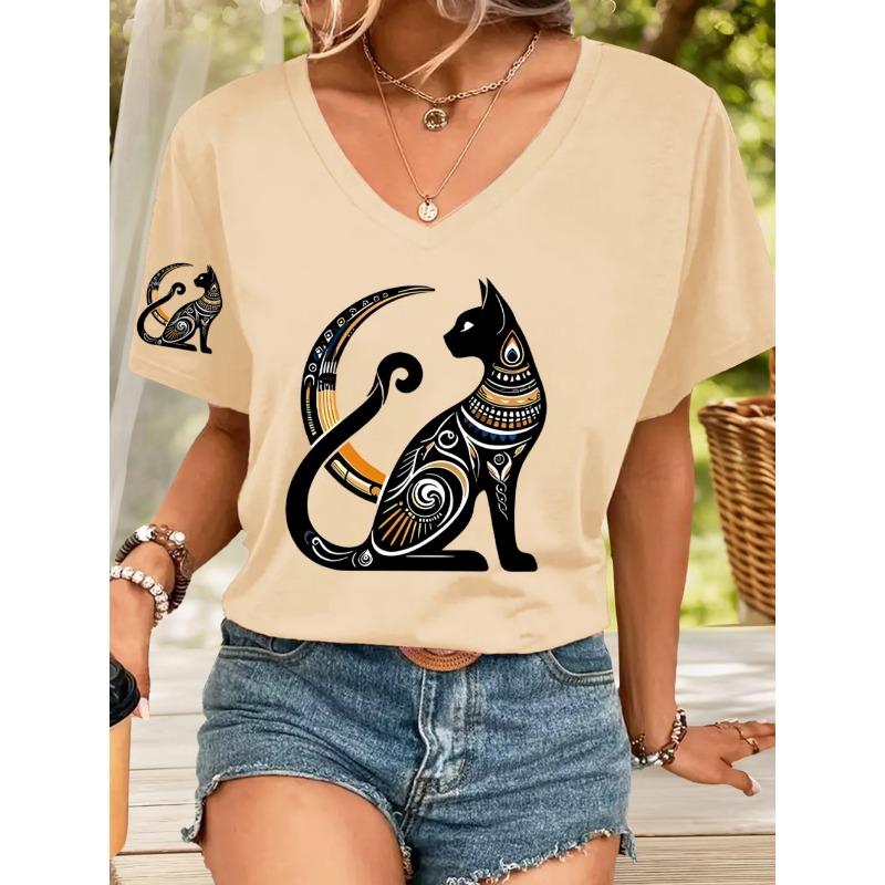 2026 New Summer Women's Fashion T-Shirt Short Sleeve 3D Cat Print Top Tees V-Neck Casual