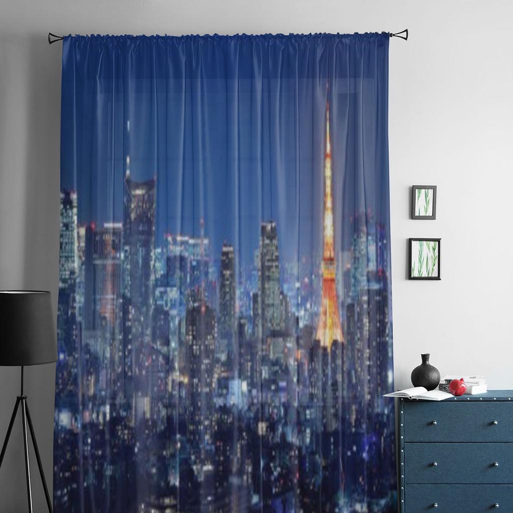 Tokio Stadtbild bei Nacht Luxuriöse Chiffon Gardinen Transparent für Wohnzimmer Schlafzimmer Dekoration Fenster Voiles Tüllvorhang