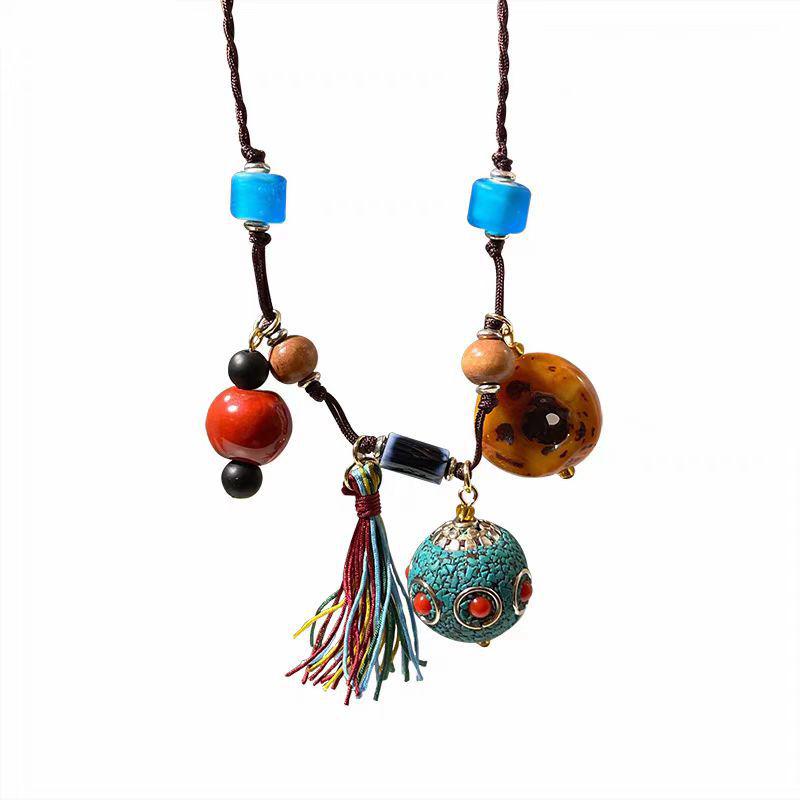 Ethnic Retro Tibetan-Style Lantern Necklace - Women’s Long Sweater Chain with Cotton Linen Accents