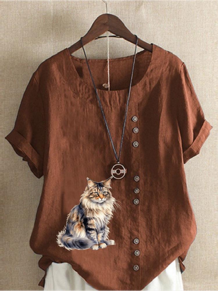 Women's Fashion Cat Print Round Neck Short Sleeve T-shirt Summer Casual Cotton Linen Graphic Shirt Leisure Loose Blouse Tops