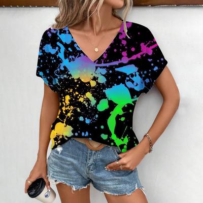 Lockere Passform V-Ausschnitt Kurzarm 3D Digitaldruck Damen-T-Shirt Kreativer Trendiger Stil Sommer Mode Lässig Polyester T-Shirt