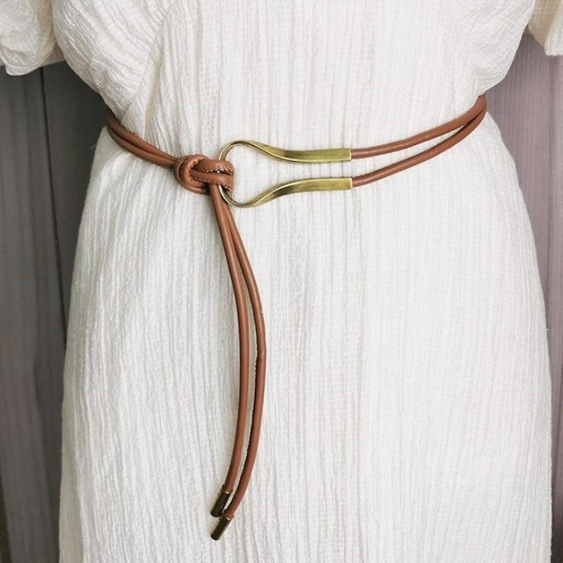 Brown Thin Leather Waist Belt Vintage Smooth Gold Buckle Adjustable for Female Cocktail Party Wear