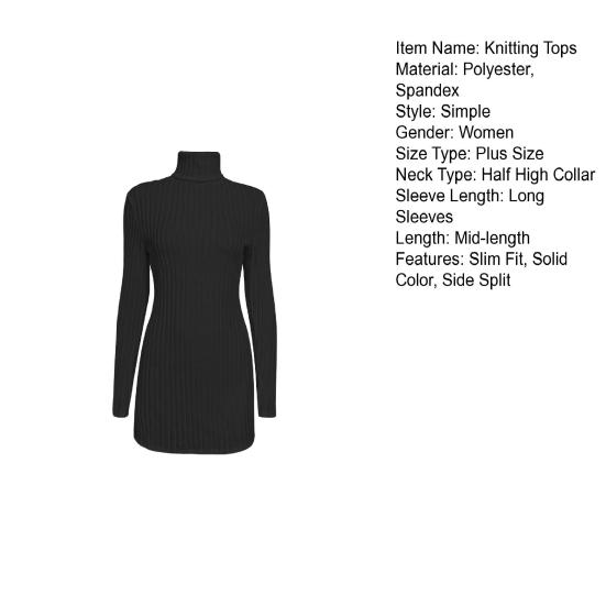 Women Knitting Tops High Collar Long Sleeve Slim Fit Sweater Tops Mid-length Side Split Design Solid Color Ribbed Tops