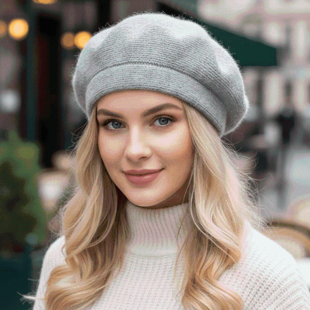 Fleece Lined Knit Beret Hat Elastic French Style Cap Thick Warm Bonnet Teens