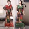 Ethnic Style V-neck Cotton and Silk Short-sleeved Beach Dress Thailand Travel Dress Summer Print Vacation Floral Skirt