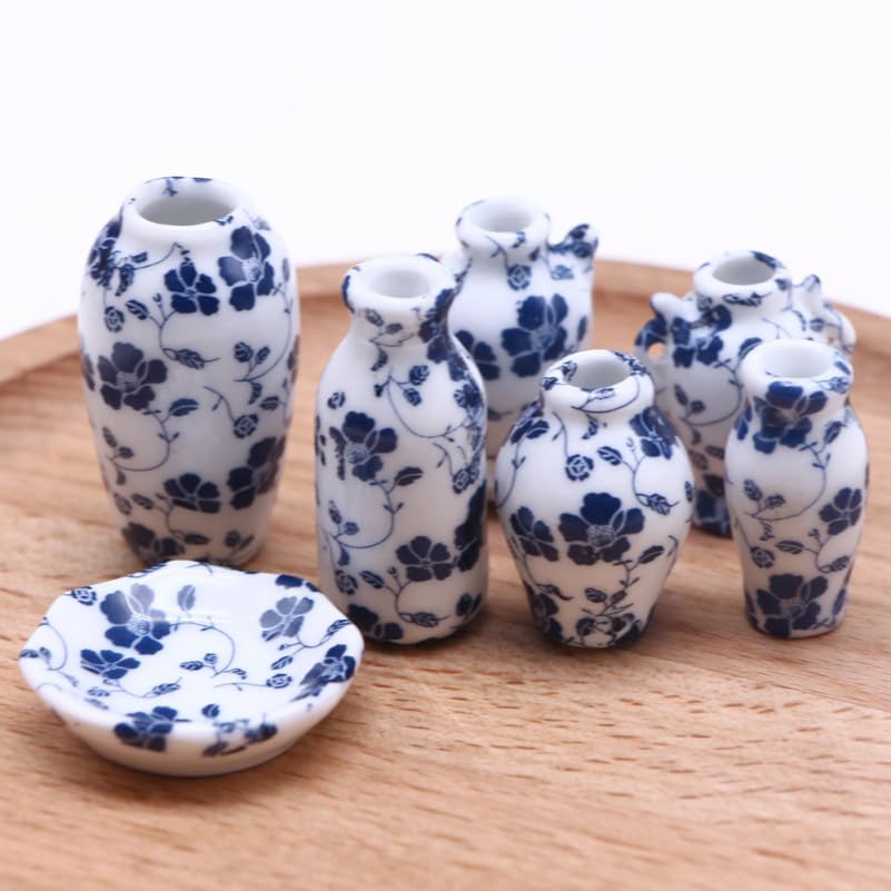 Hohopeti Set of 7 Miniature Ceramic Flower Dollhouse Small Interior Decor Vases, Accessories, 2x2x1.4 Inches,