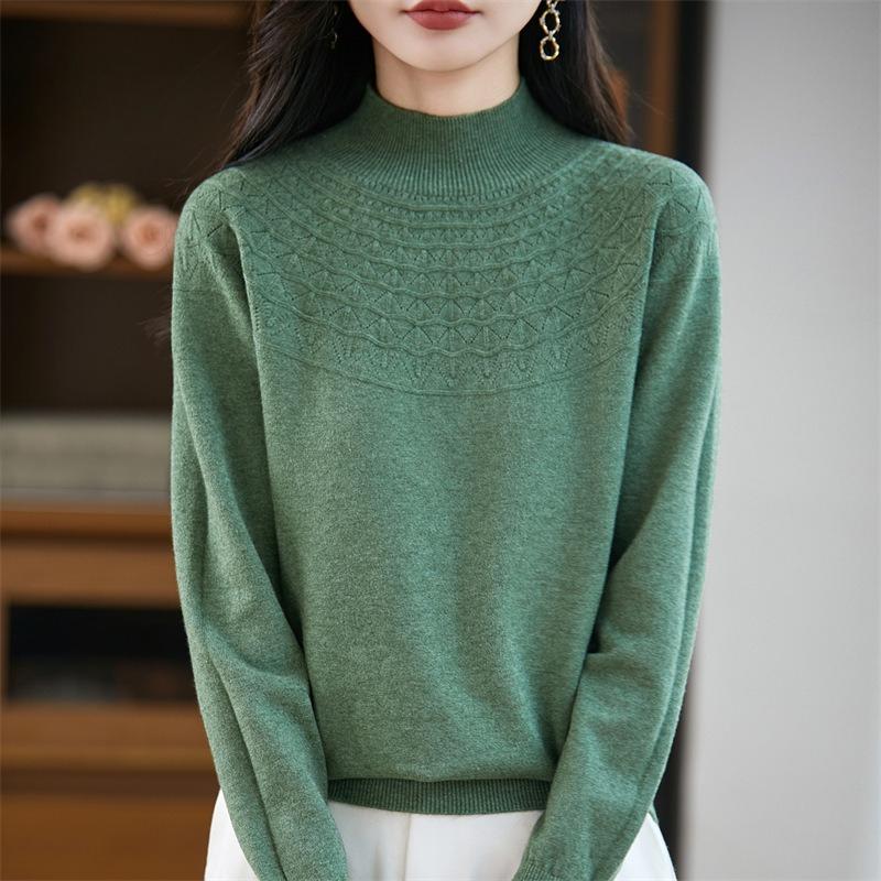 A New Style of Women's Autumn and Winter Hollowed-out Knitted Sweater Paired with A Base Layer A Pullover Long-sleeved and Semi-high-neck Sweater