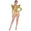 Damen ärmelloser Bodysuit mit tiefem Rücken und langärmeliger Rollkragenanzug mit Reißverschluss hinten und Schulterpanzerung, metallisch glänzend, Clubwear für Halloween-Party