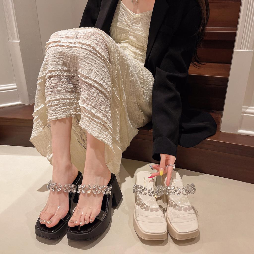 Rhinestone fashion outer wear thick bottom 2025 new height-increasing slippers transparent high-end women's summer and one-word cool slippers
