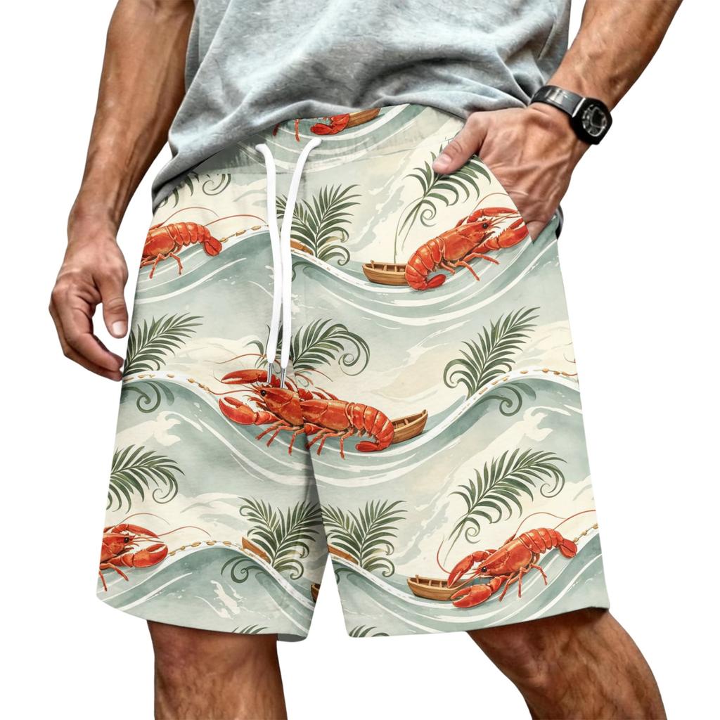 Men's Hawaiian Print Mesh Shorts with Drawstring Elastic Waist for Summer Beach and Casual Wear