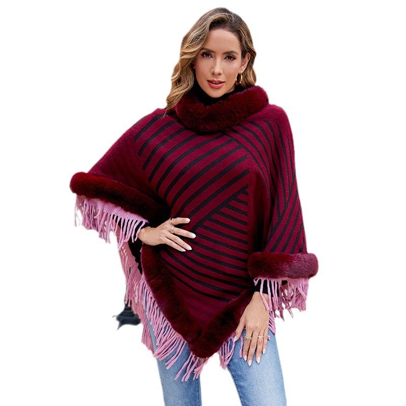 Autumn and Winter Women Stripe Loose Bat Sleeve Cross Border Cloak Cardigan Knitwear Half High Collar Sweater