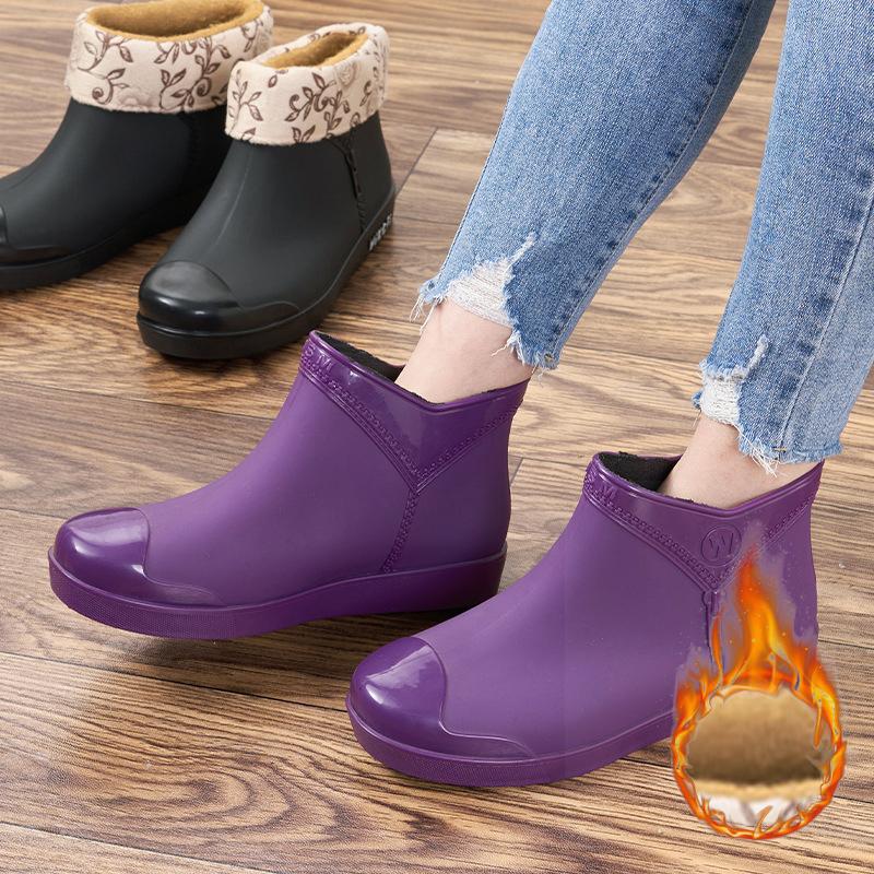 Winter Warm Fur Black Beige Purple Rain Boots Women's Fashion Non Slip Waterproof Short Tube Shoes Adult Rain Boots Velvet Rain