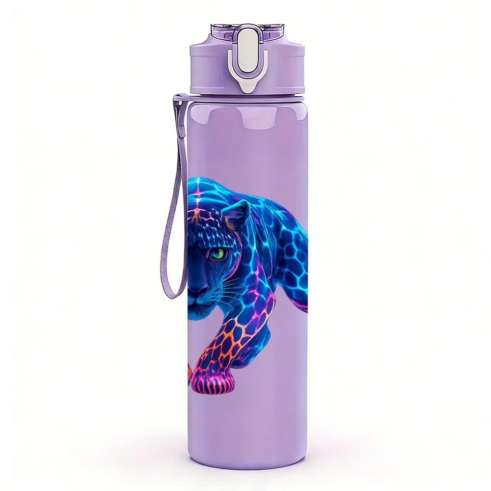 1PC Dark Blue Panther Portrait 750ml Color Plastic Sports Water Bottle Leakproof Flip Straw Lid Suitable for Sports Office Home Use