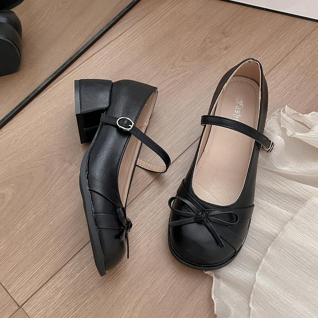 Black French ballet style thick heel shallow mouth heightening single shoes women's 2025 new autumn skirt Mary Jane shoes