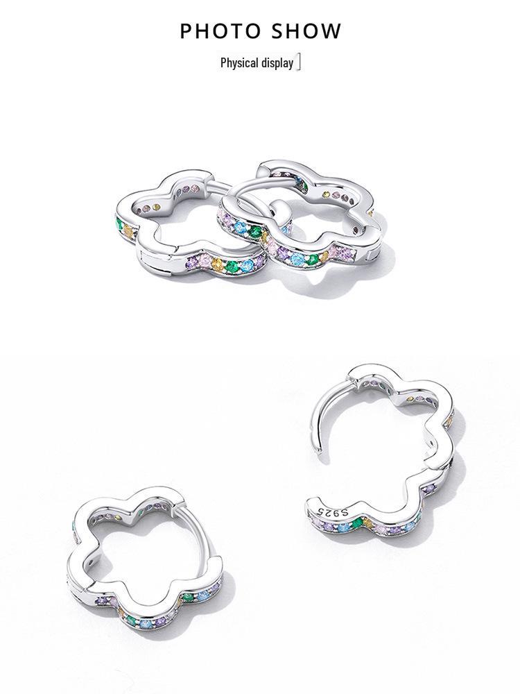 Avle Sterling Silver S925 Platinum-Plated Wreath Earrings with Colored Zircon Hollow Flowers, Model BSE612.