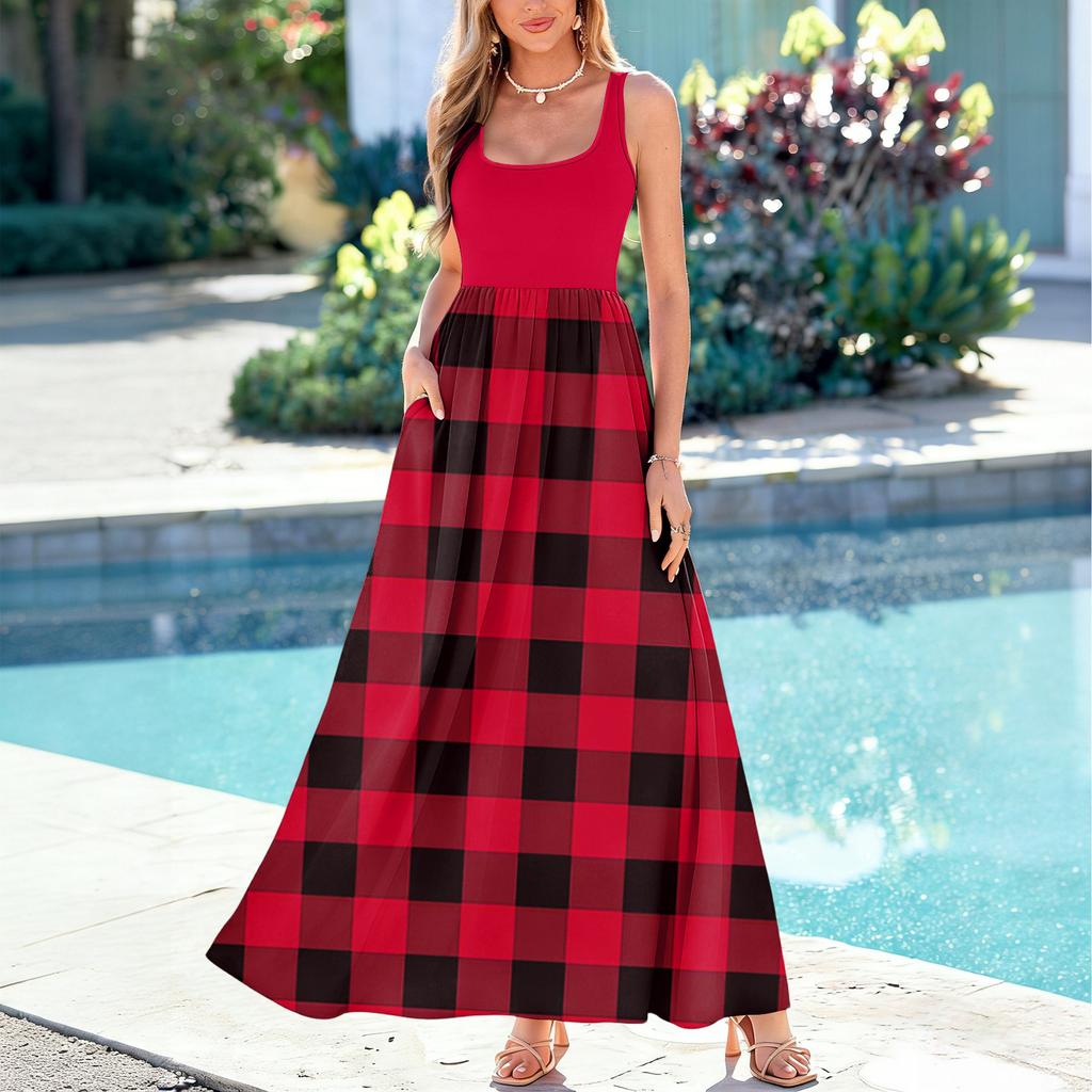Ladies' Plaid Printed Summer Casual and Fashionable Sleeveless Long Dress