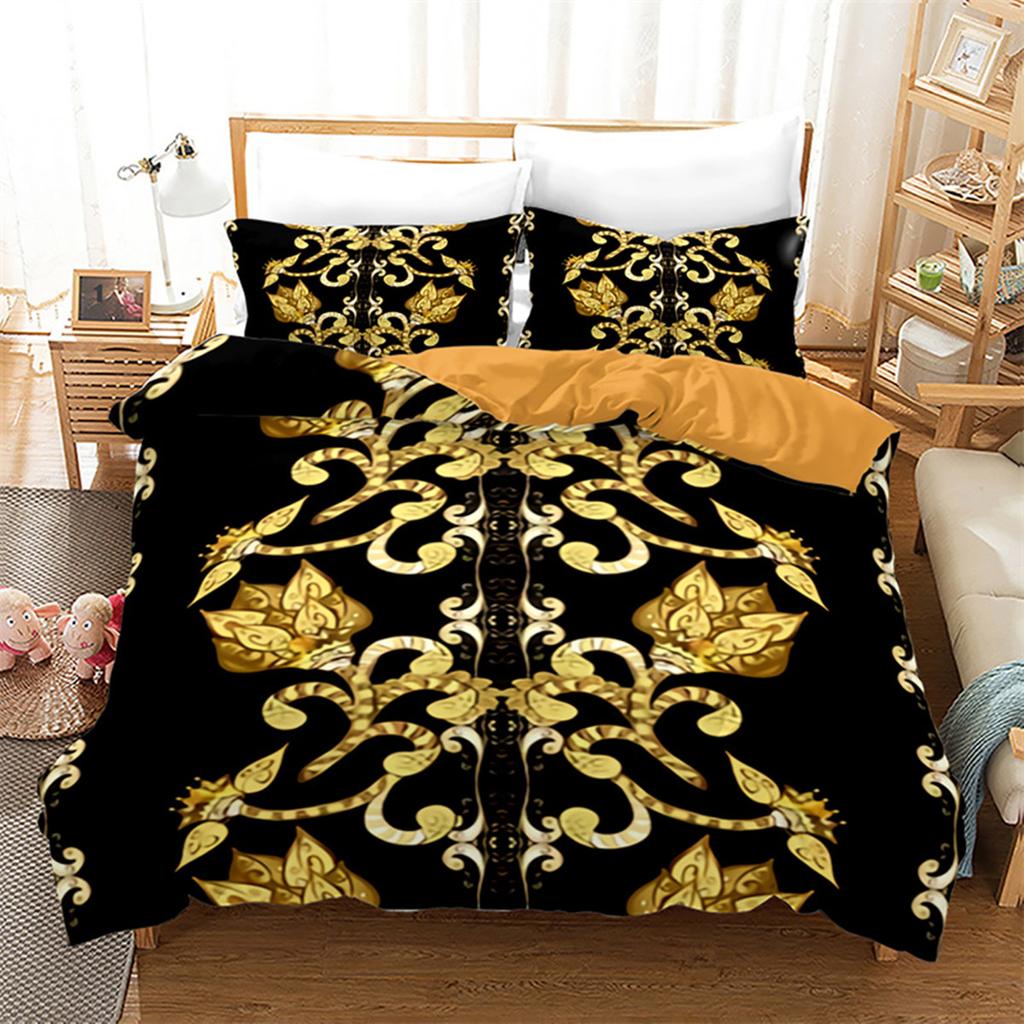 Luxury Gold Floral Duvet Cover Bohemian Leaves Microfiber Exotic Geometric King Queen for Children Adult for Bedroom Decoration