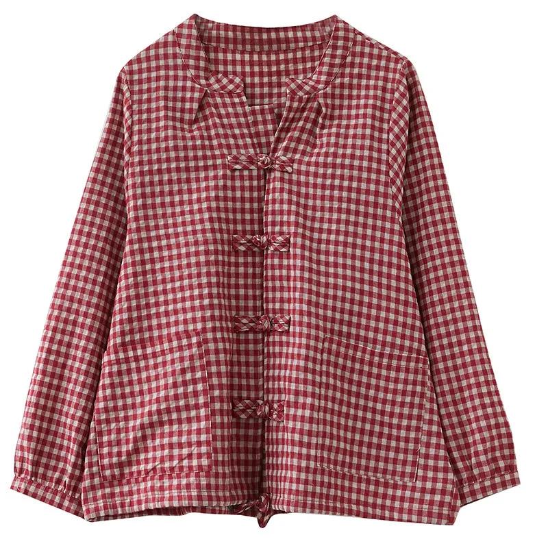 Women's Spring Vintage Buttoned Plaid Cardigan Drawstring Pattern Top