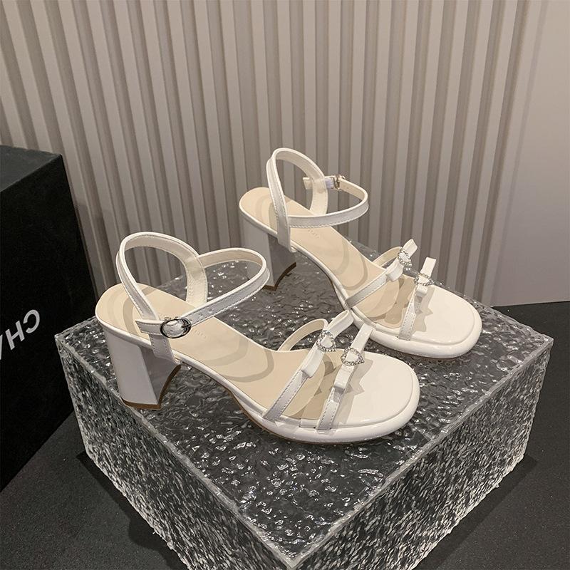 Soft leather version~ silver rhinestone bow thick heel open-toed sandals women's summer new one-word sandals high heels